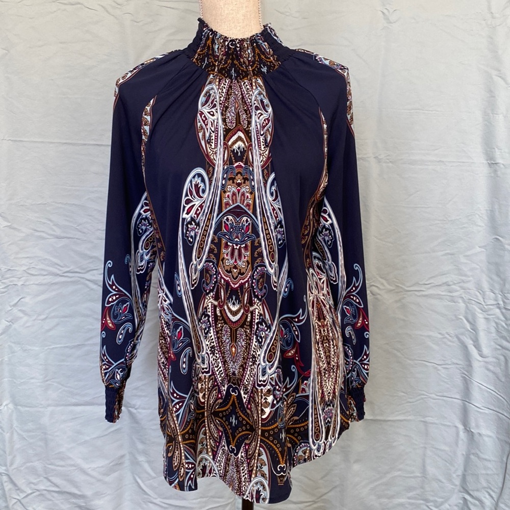 Chicos 01 blue long sleeve turtleneck silky with all kinds of details worn 2X